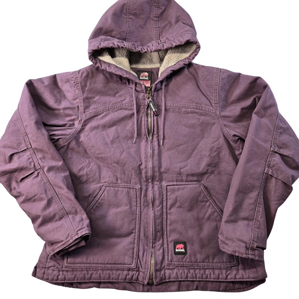 Berne Jacket Womens L Purple Hooded Lined Insulated Canvas Workwear Zip Pockets